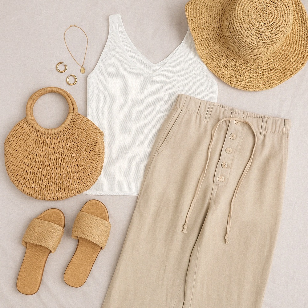 Linen drawstring pants 14P- coastal grandma